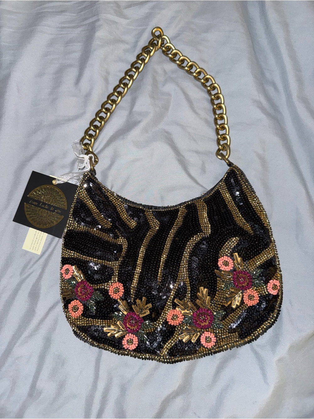 Sequin Beaded Floral Shoulder Bag Handmade in India New with Tags